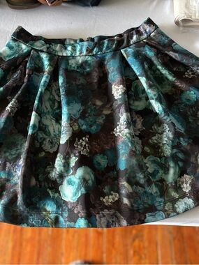 Express Black Skater Skirt with Teal Floral Pattern